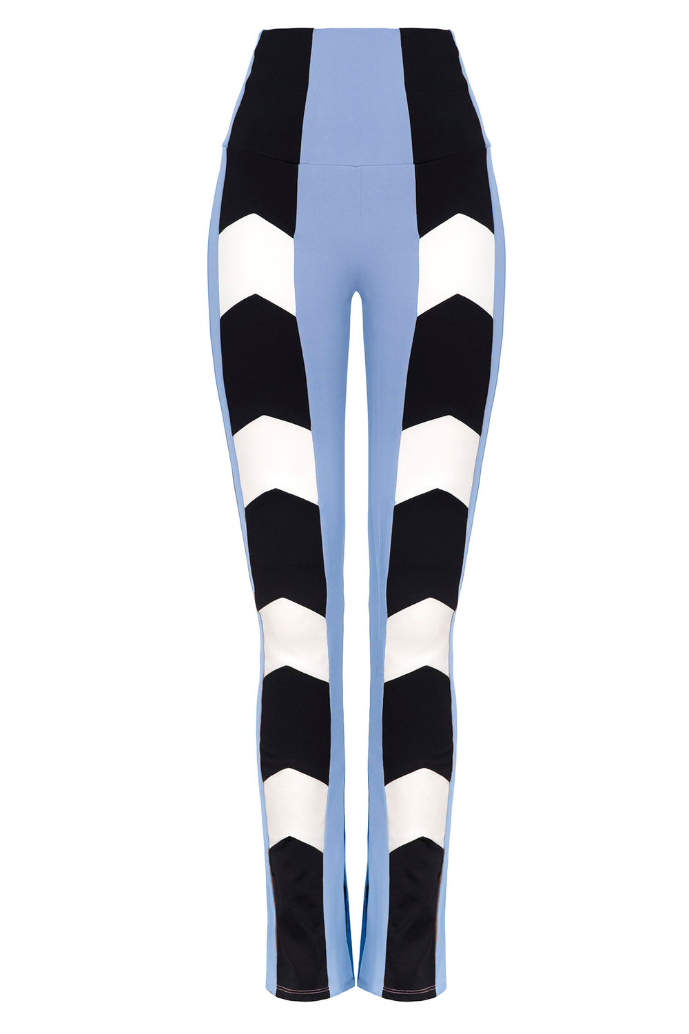 A pair of light blue, black, and white arrow pattern slit leggings.