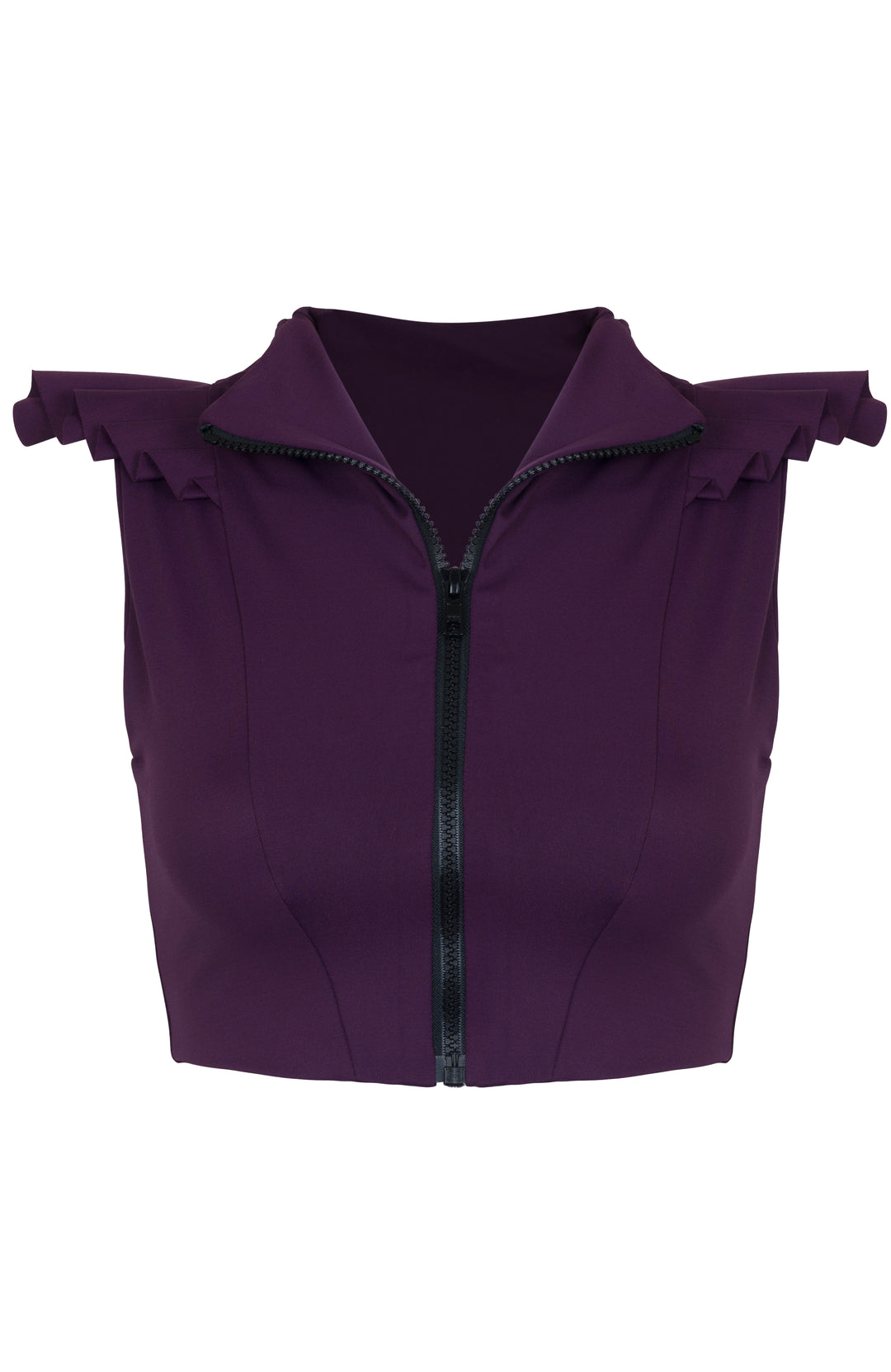 A purple top with front zipper closure and ruffle detailing on the shoulders.