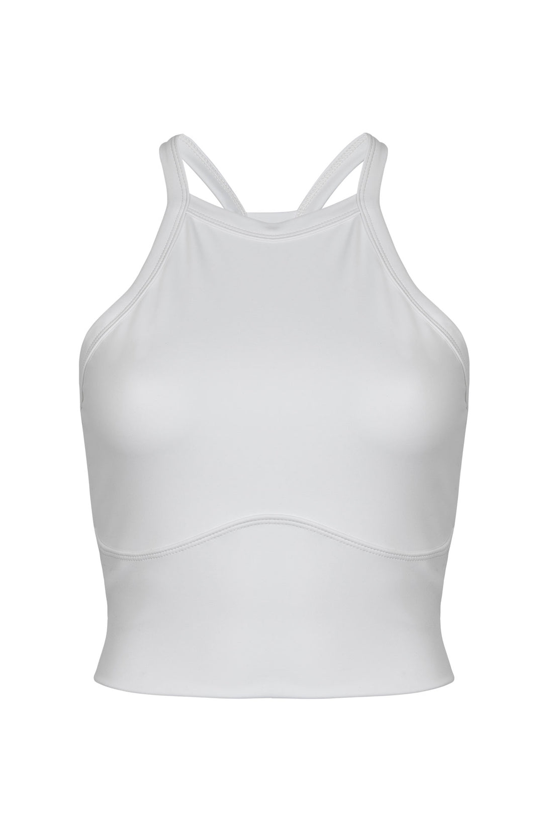 A white, sleeveless, high-neck crop top with crisscrossed straps at the back, designed with a flattering silhouette.